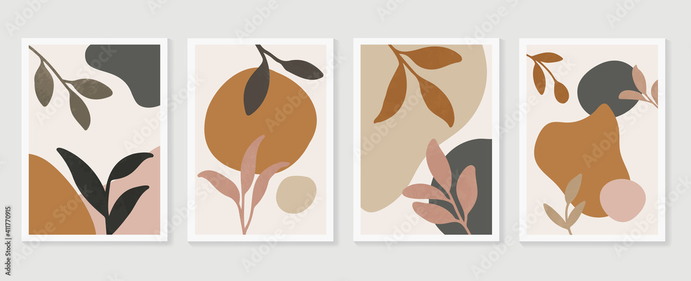 Botanical wall art background vector set.Earth tone natural colors foliage line art  boho plants drawing with abstract shape. Mid century modern design for prints, poster, cover and wallpaper.
