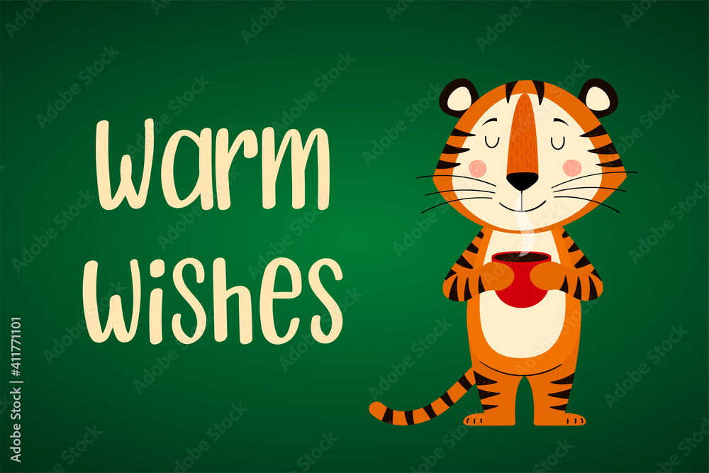 Fototapeta premium A postcard template with a cute tiger, the symbol of the year 2022 in the Chinese calendar. Handwritten text 