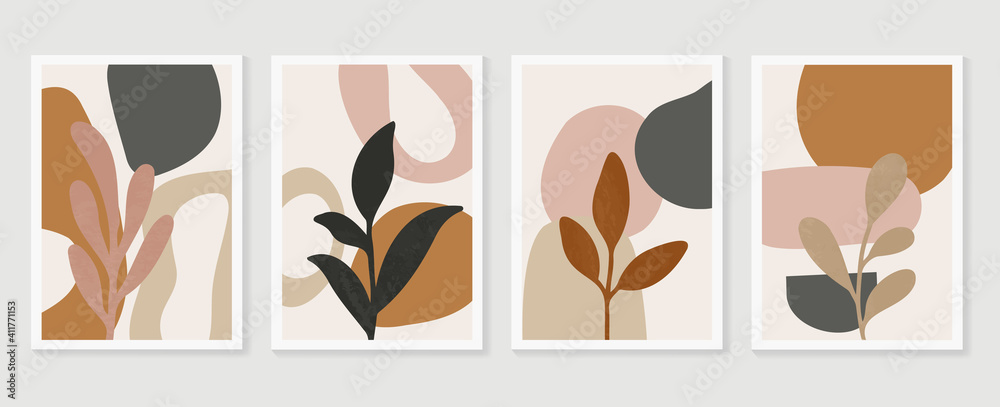Botanical wall art background vector set.Earth tone natural colors foliage line art  boho plants drawing with abstract shape. Mid century modern design for prints, poster, cover and wallpaper.