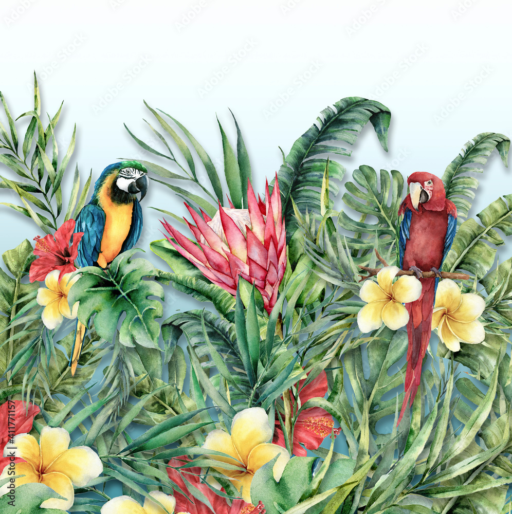 Obraz premium Two parrots in tropical leaves. Parrots in flowers. Tropical leaves and flowers.
