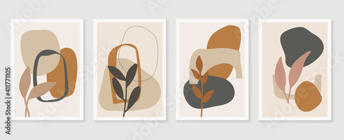Botanical wall art background vector set.Earth tone natural colors foliage line art  boho plants drawing with abstract shape. Mid century modern design for prints, poster, cover and wallpaper.