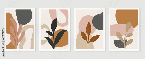 Botanical wall art background vector set.Earth tone natural colors foliage line art  boho plants drawing with abstract shape. Mid century modern design for prints, poster, cover and wallpaper. © TWINS DESIGN STUDIO