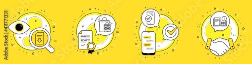 Download file, Approved phone and Shopping bags line icons set. Licence, cell phone and deal vector icons. Instruction info sign. Load document, Verified smartphone, Sale marketing. Project. Vector
