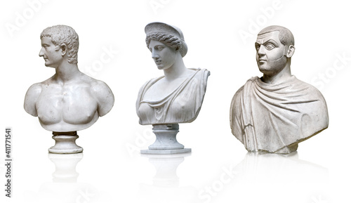 Marble antique bust of the ancient Greek home goddess Hera isolated on white background. Design element with clipping path