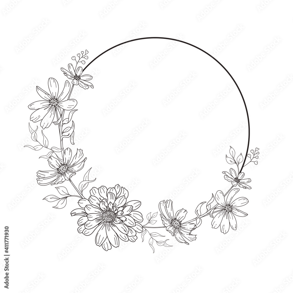 Round frame with garden flowers isolated on white background Round frame with garden flowers isolated on white background
