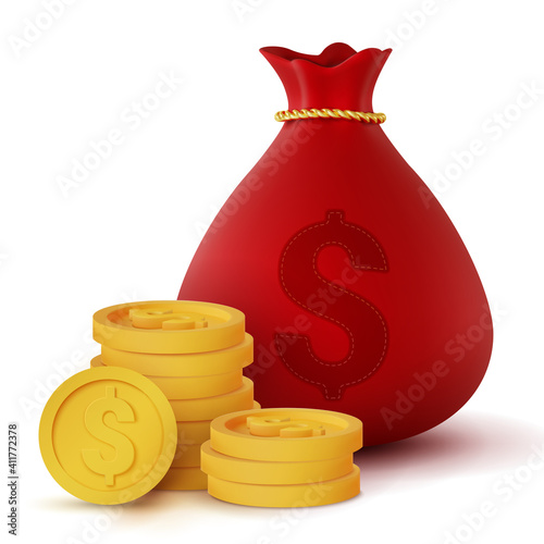 3d realistic red money bag and coins isolated on white background, vector