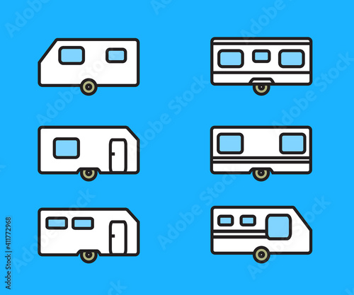 Travel trailer on a blue background. Symbol. Vector illustration.