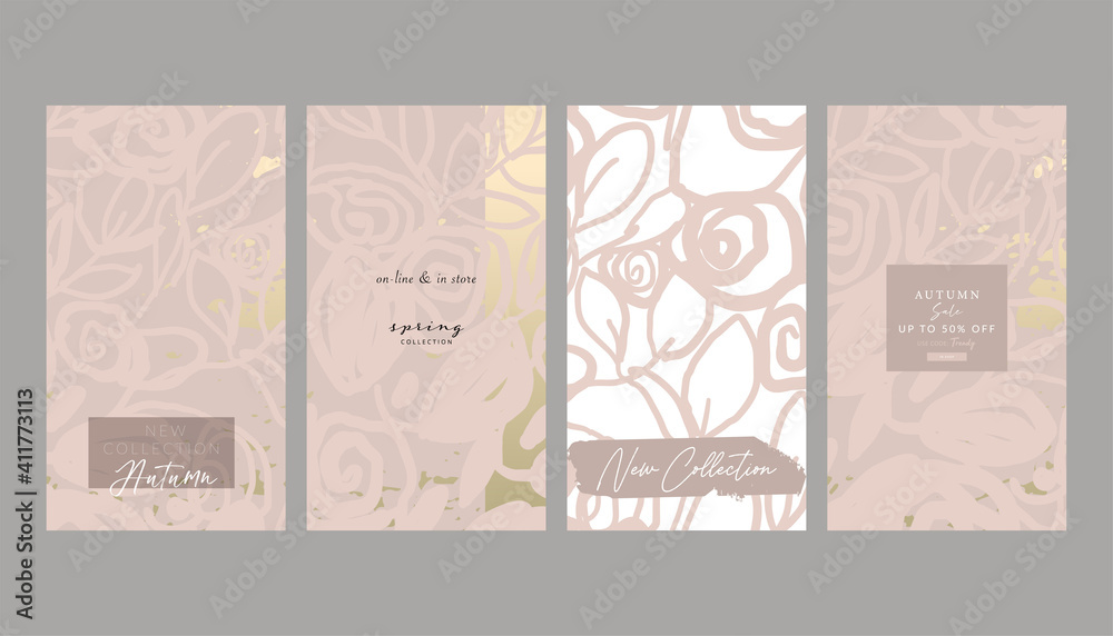 Floral collection set trendy chic social media stories backgrounds with botanical rose flower