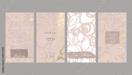 Floral collection set trendy chic social media stories backgrounds with botanical rose flower
