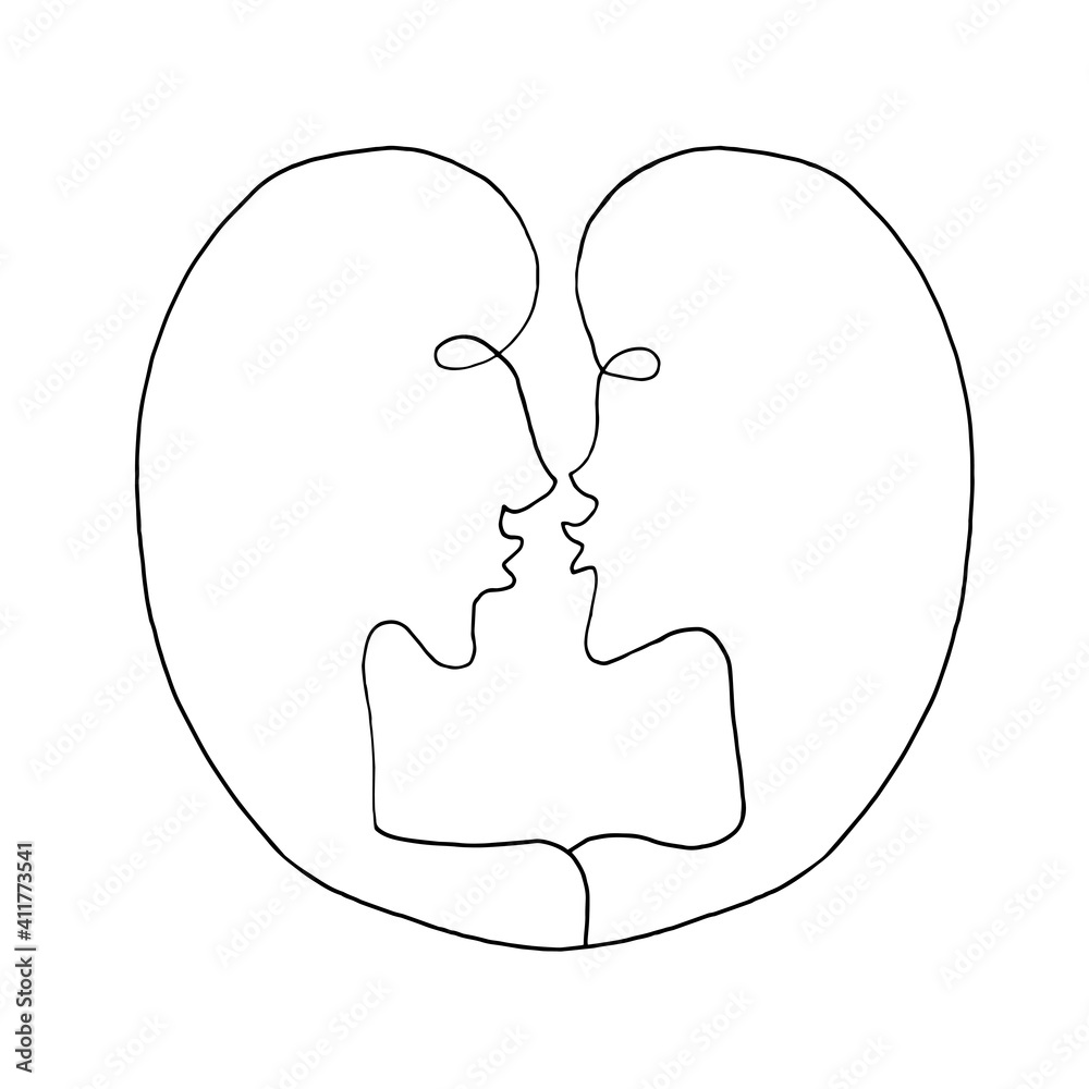 Abstract kiss. We are connected. Line art, doodle, vector. For ad poster or card print, t-shirt, wedding, Valentines Day, february 14