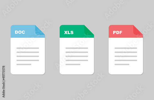 File format flat icon set.Doc, Pdf, Xls flat icon isolated on white background.