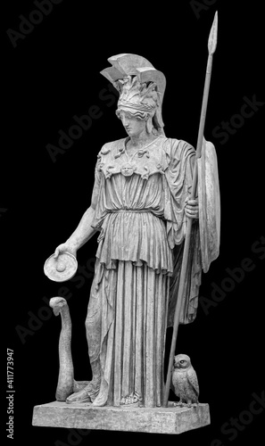 фотографія Ancient Greek Roman statue of goddess Athena god of wisdom and the arts historical sculpture isolated on black