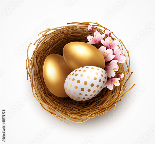Happy easter greeting background with realistic easter eggs in the nest and spring flowers. Vector illustration