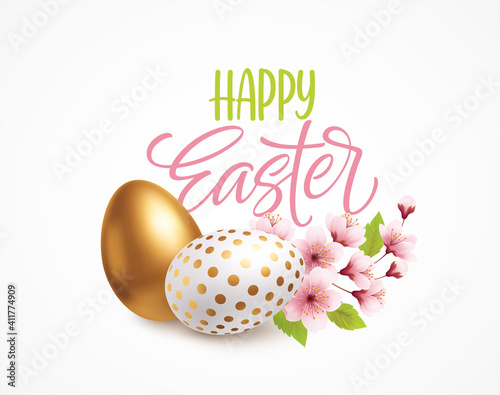 Happy easter greeting background with realistic easter eggs and spring flowers. Vector illustration