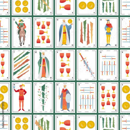 Spanish playing cards deck seamless pattern. Cups. Golds. Swords. Wands