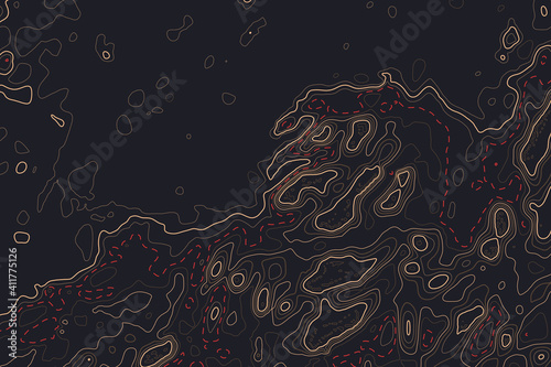 Topo map decorative background with contour lines and linear grid. Topographic creative graphics for any kind of web and art design. Elevation level geography of hiking drawing and minimalist style.