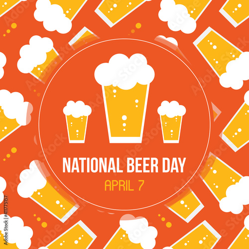 National Beer Day vector card, illustration with glass of lager and beer pattern background.
