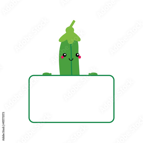 Cute and smiling cartoon green peas pod character holding blank, empty card in hands.