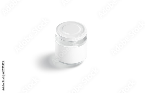 Blank small glass jar with white label mockup stand, isolated photo