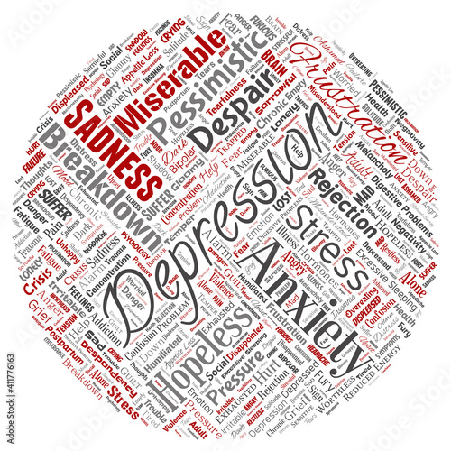 Vector conceptual depression or mental emotional disorder problem round circle red word cloud isolated background. Collage of anxiety sadness, negative sad, despair, unhappy, frustration symptom