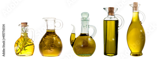 Extra virgin olive oil varieties  bottle and jars isolated.
