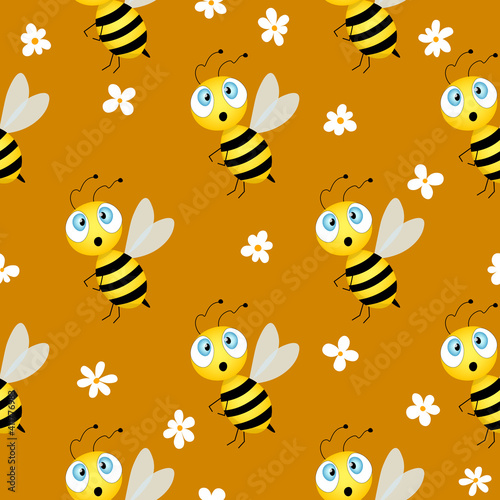 Seamless pattern with bees and flowers on brown background. Vector illustration. Adorable cartoon character. Template design for invitation, cards, textile, fabric. Doodle style. © Alla