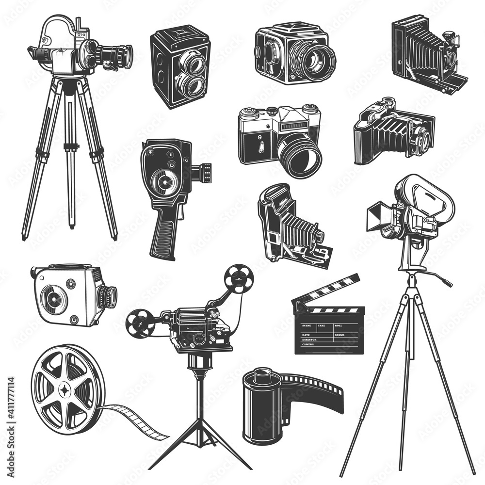 Film studio equipment, movie shooting retro vector icons, vintage photo and video  camera, film reel and clapper, bobbin. Cinema, cinematography entertainment  industry old camcorders on tripod set Stock Vector