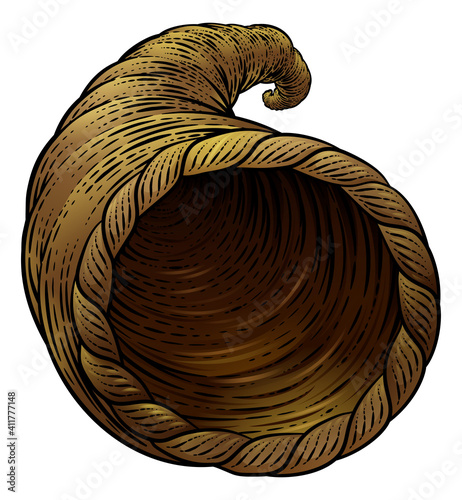 Cornucopia horn of plenty illustration in a vintage retro woodcut etching style.