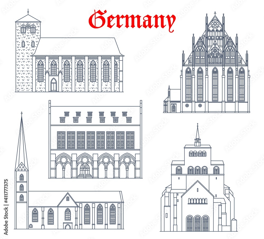 Germany landmark buildings, cathedrals and churches, German travel architecture vector icons. St Wilhadi Kirche in Stade, St Maria church in Bielefeld and Prenzlau, Winden cathedral and Minden rathaus