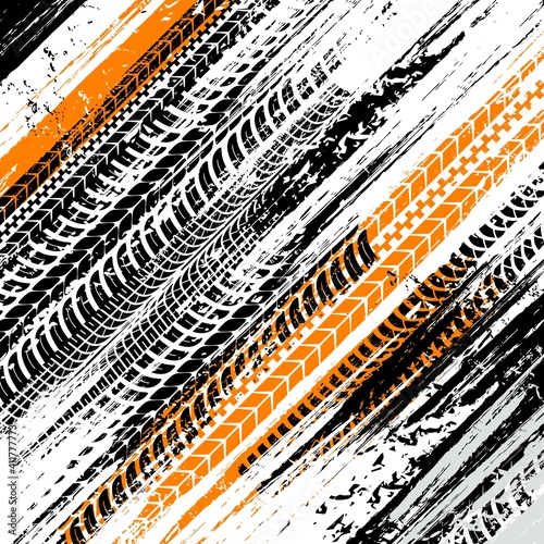 Offroad grunge tyre prints, vector abstract background with grungy diagonal pattern. Rally, racing dirty tires print, off road grungy trails texture for automobile service or racing tournament design,