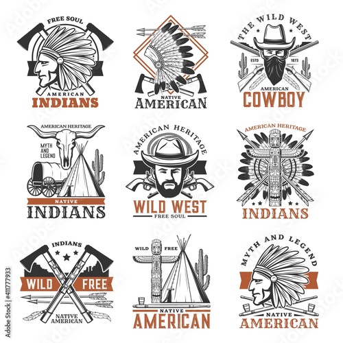 Wild west cowboy, american indians icons. Indian warrior in war bonnet, cowboy bandit in mask and totem pole, tipi, smoking pipe and bull scull, crossed tomahawks, rifle and pistol engraved vector