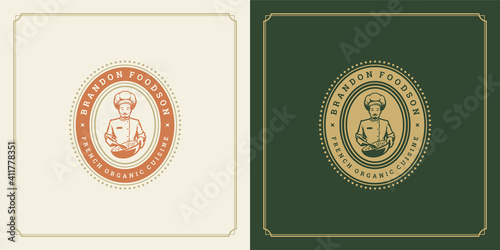 Restaurant label design vector illustration chef man holding salad dish silhouette