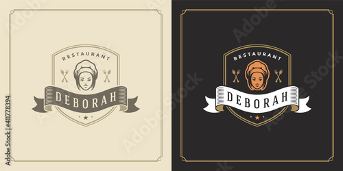 Restaurant logo design vector illustration chef woman face in hat silhouette