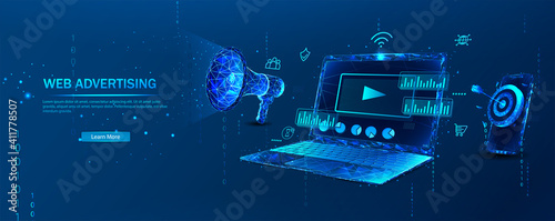 Web advertising. A landing page template with a laptop, charts, Internet indicators, a megaphone, and a phone. The concept of an online tool or service for social network analytics and SMM.