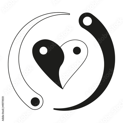 Heart of Yin Yang. Yin yang heart. Black and white. Vector illustration