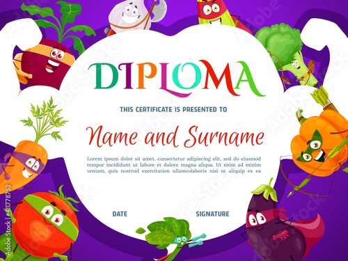 Diploma certificate of child education vector template with background frame of superhero vegetable characters. Graduation diploma, achievement certificate or appreciation award of preschool student