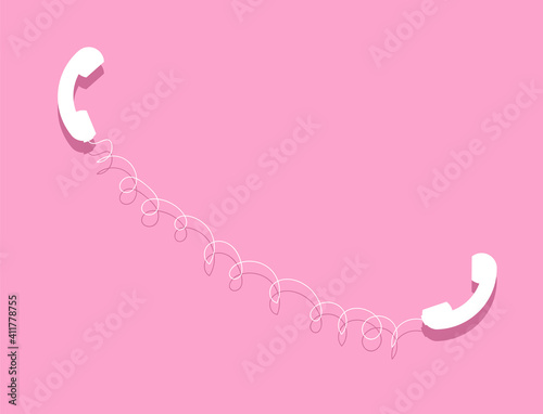 Retro  white phones  receivers  on cable. Pink background. On hold, on the phone, contact us,