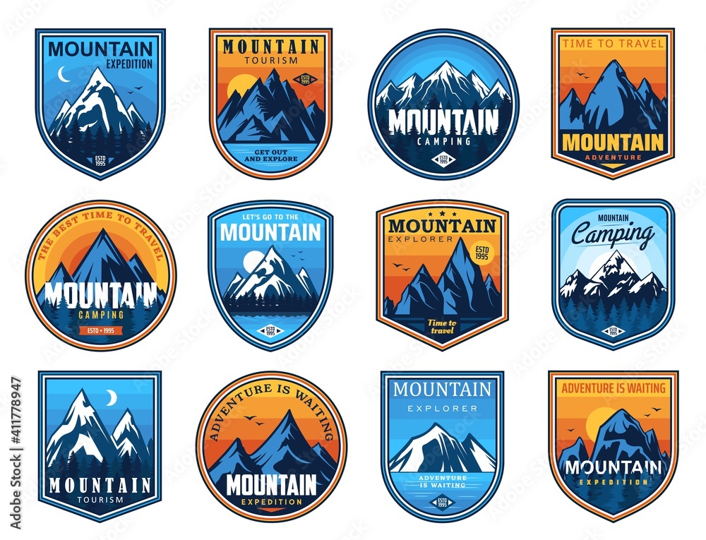 Mountain tourism and rock climbing vector icons set. Rocks top and snowy peaks travel emblems, steep rocky hills and crests nature landscape. Outdoor explore, extreme sport and adventure expedition Mountain tourism and rock climbing vector icons set. Rocks top and snowy peaks travel emblems, steep rocky hills and crests nature landscape. Outdoor explore, extreme sport and adventure expedition