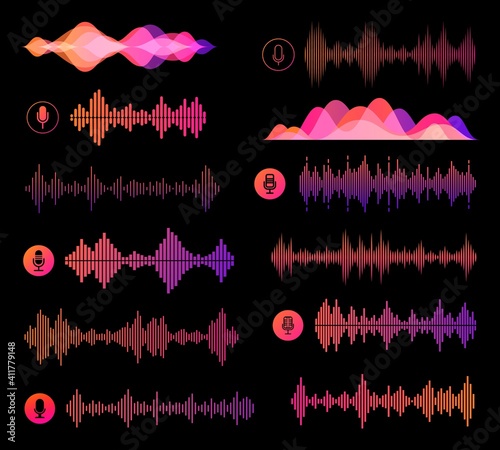 Voice recognition soundwaves vector design of ai and smart technologies. Microphone buttons, personal assistant speech recognition sound waves and pink neon equalizer scales of sound volume
