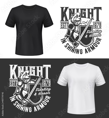 Tshirt print with knight, sword and shield vector mockup, fight club mascot medieval warrior in helmet and plumage. Apparel design shining armour typography, isolated monochrome t shirt print or label