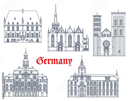 Germany landmarks architecture, cathedrals vector icons, houses and buildings of German Saxony cities. Landmarks of Saint Maria church in Osnabrueck, Lueneburg rathaus, cathedral and Oldenburg castle photo