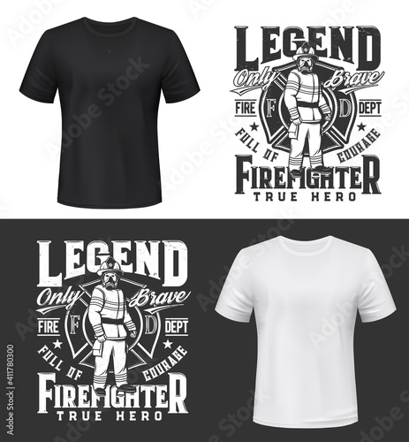 Tshirt print with firefighter in uniform, gas mask and helmet vector apparel mockup. Fire department rescue team emergency service label, black and white t shirt print fireman isolated emblem design