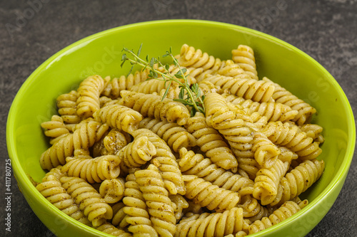 Italian pasta Fusilli with pesto