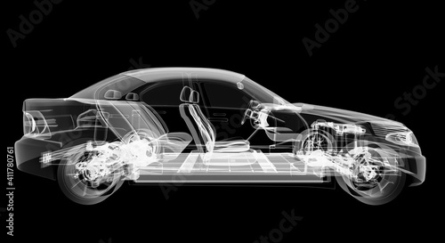 X-ray of electric car with chassis. 3D illustration