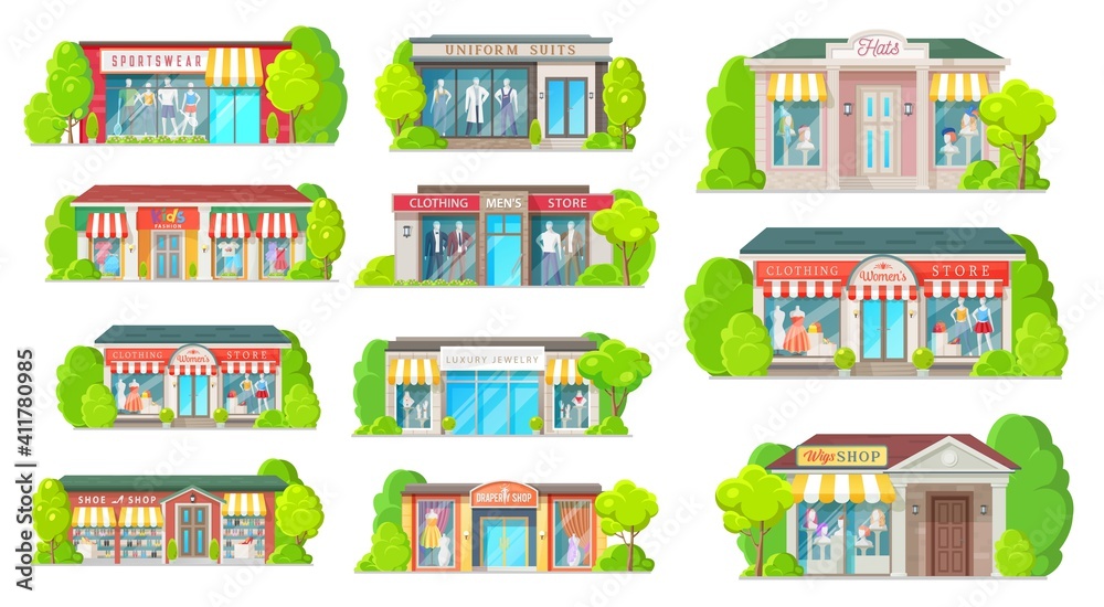 Store and shop buildings isolated vector icons. Cartoon shopping malls exterior front view with glass windows. Jewelry, wigs, sport clothing and fabric, shoes, uniform and hats retail shop buildings