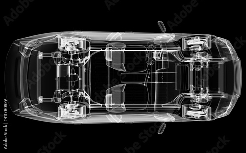 X-ray of electric car with chassis. 3D illustration