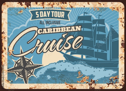 Sea cruise ship, metal plate rusty, ocean vacation travel vector retro poster. Caribbean coast holiday tour or liner boat voyage, sun and waves with island map and sailing compass, summer sea journey