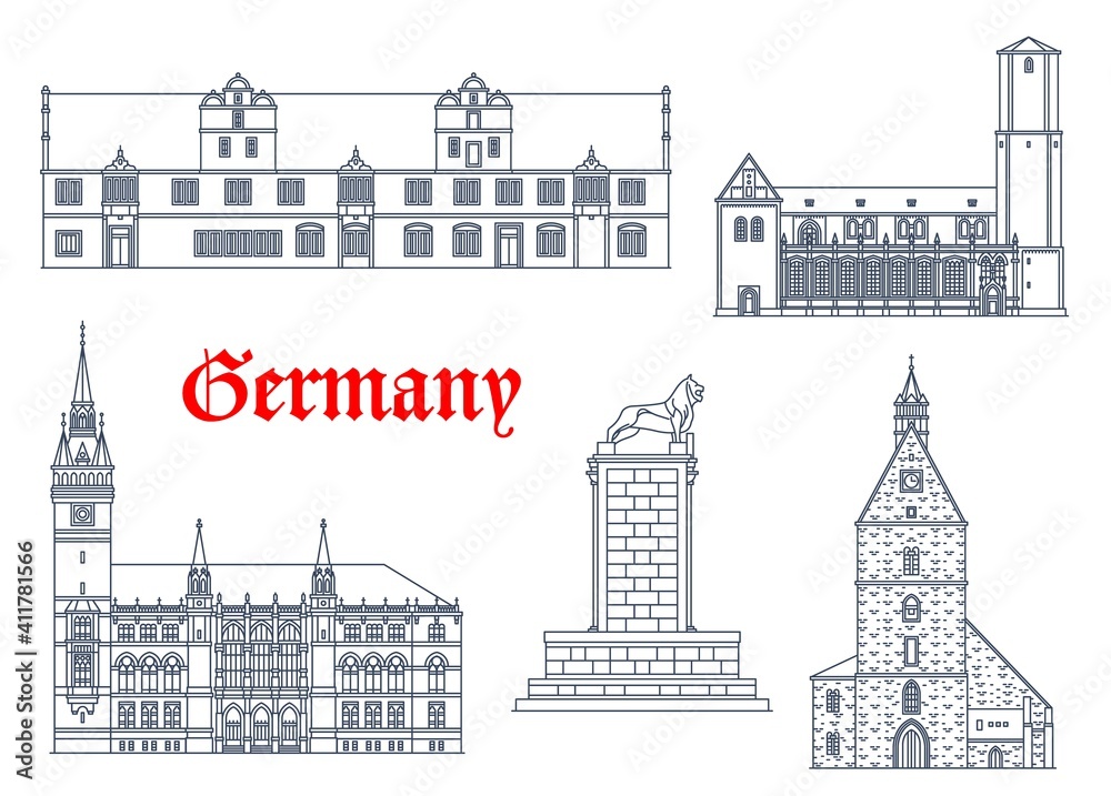 Germany landmarks architecture icons, houses and cathedral churches buildings in Saxony. Stadthagen and Braunschweig rathaus town hall, Burgloewe or Brunswick Lion monument and St Martin kirche church