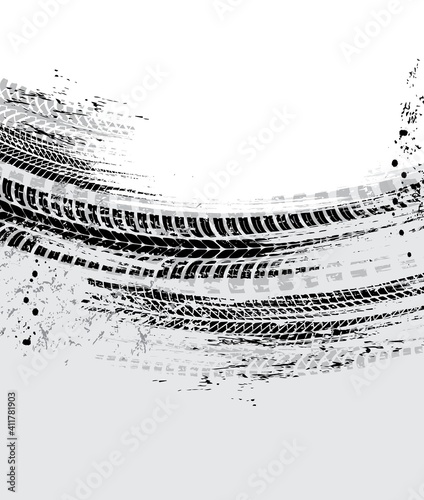Tire tracks, motorcycle bike wheels or car tread marks, vector grunge. Bicycle or motocross road rally tyre track prints, motors speeds races rubber trails pattern, tires traction on black mud
