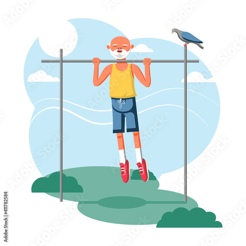 An elderly man pulls himself up on a horizontal bar.
